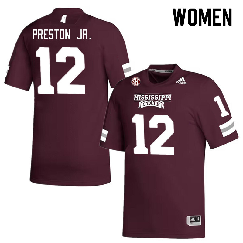 Women #12 Shawn Preston Jr. Mississippi State Bulldogs College Football Jerseys Stitched Sale-Maroon